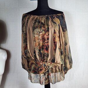 L Amore Couture Camel Blue Floral Sheer 3/4 Sleeve Poly Drop Shoulder Top Size L